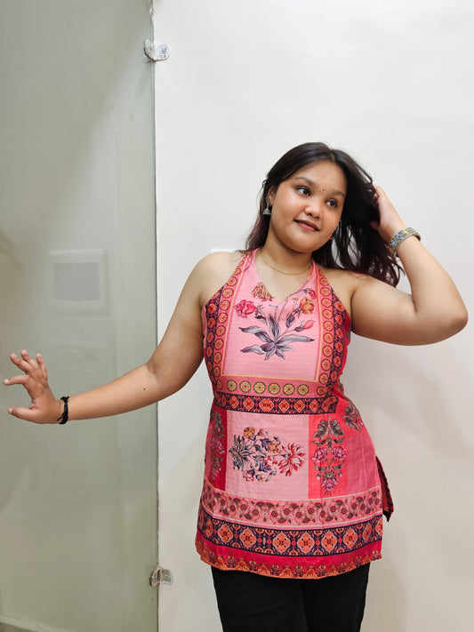 Pixel Backless Halter Neck Kurti