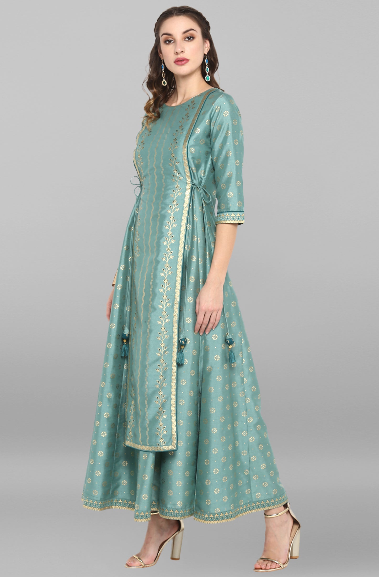 Silk Blend Green Foil Print Kurta