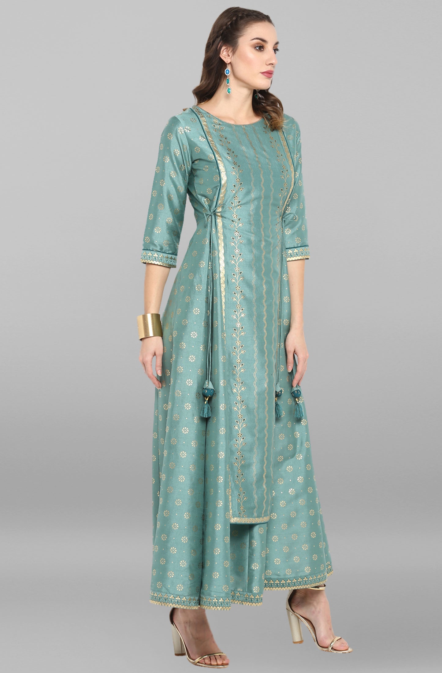 Silk Blend Green Foil Print Kurta