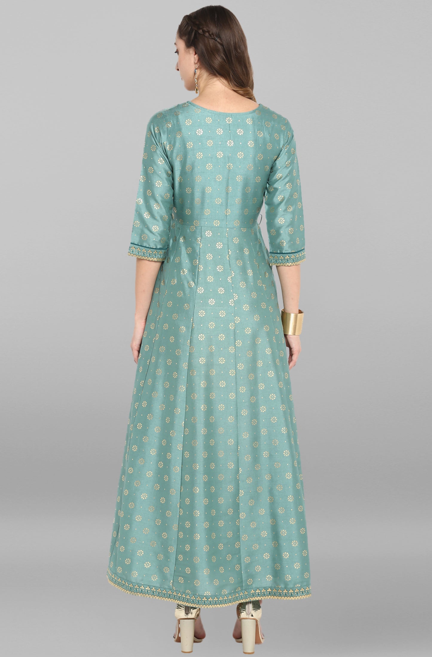 Silk Blend Green Foil Print Kurta