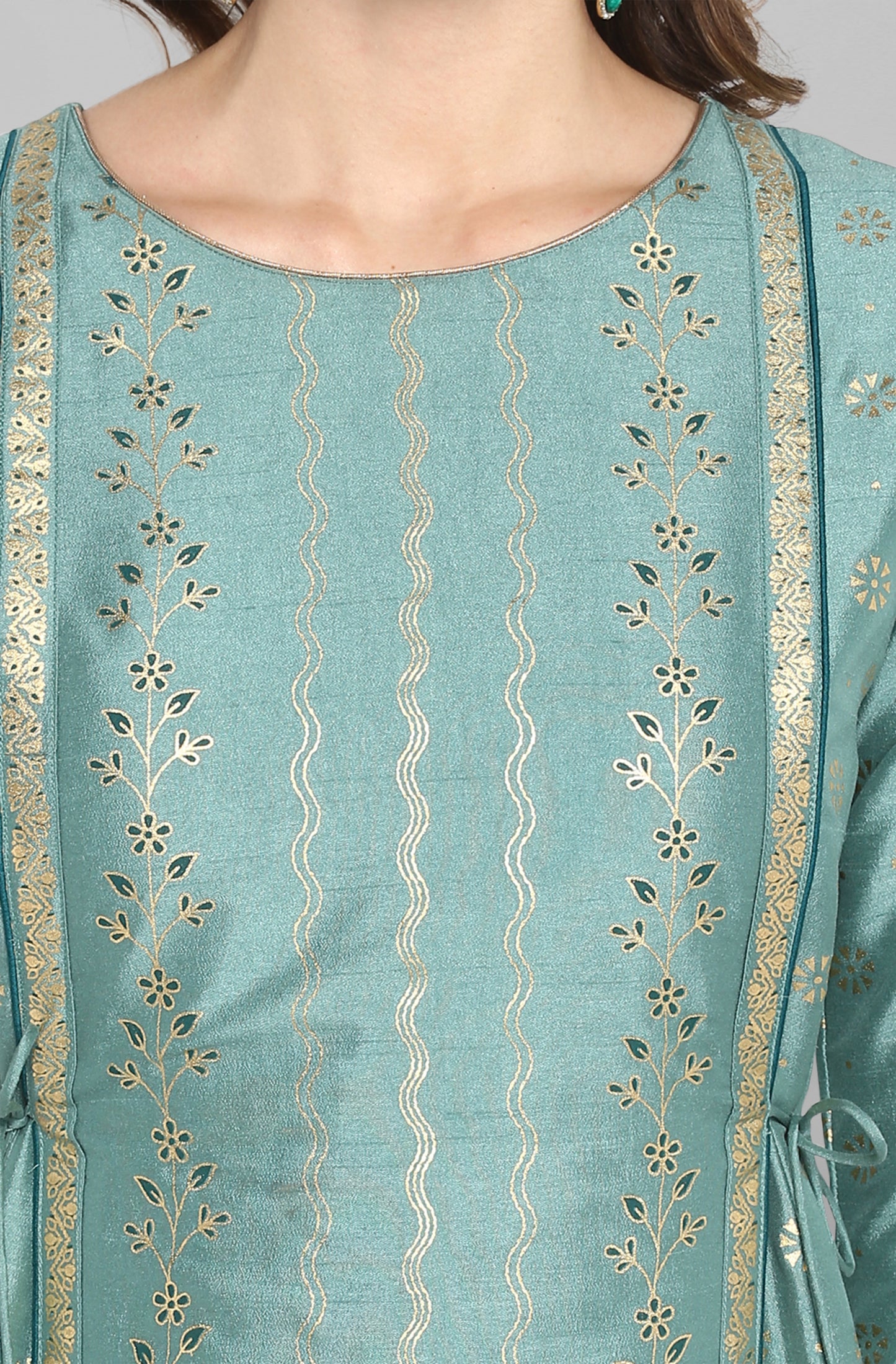 Silk Blend Green Foil Print Kurta