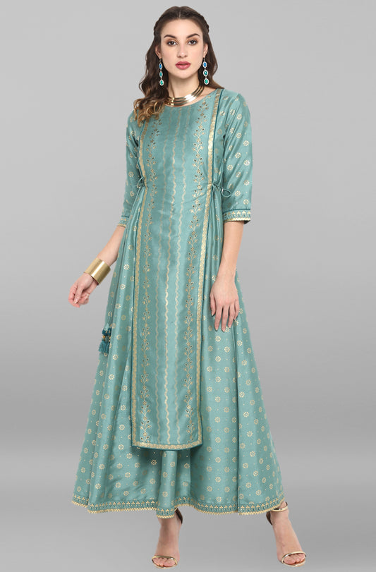 Silk Blend Green Foil Print Kurta